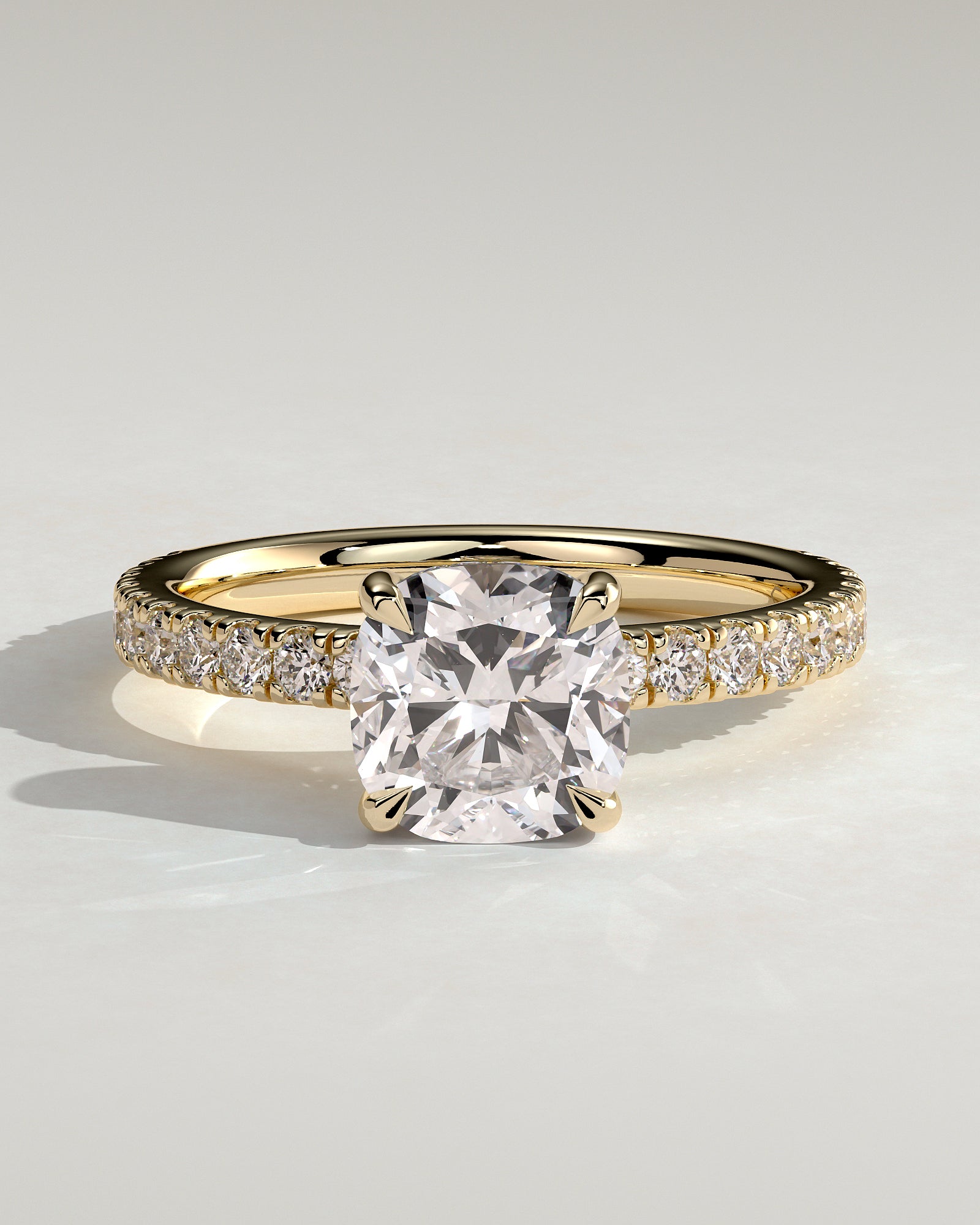 Claudia - Cushion Claw Solitaire with Hidden Halo and Pave Band Engagement Ring - Yellow Gold - Yellow Gold 2ct