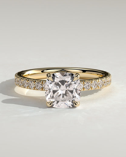 Claudia - Cushion Claw Solitaire with Hidden Halo and Pave Band Engagement Ring - Yellow Gold