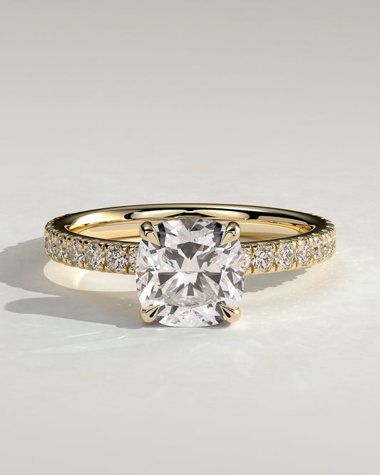 Claudia - Cushion Claw Solitaire with Hidden Halo and Pave Band Engagement Ring - Yellow Gold - Yellow Gold 2ct