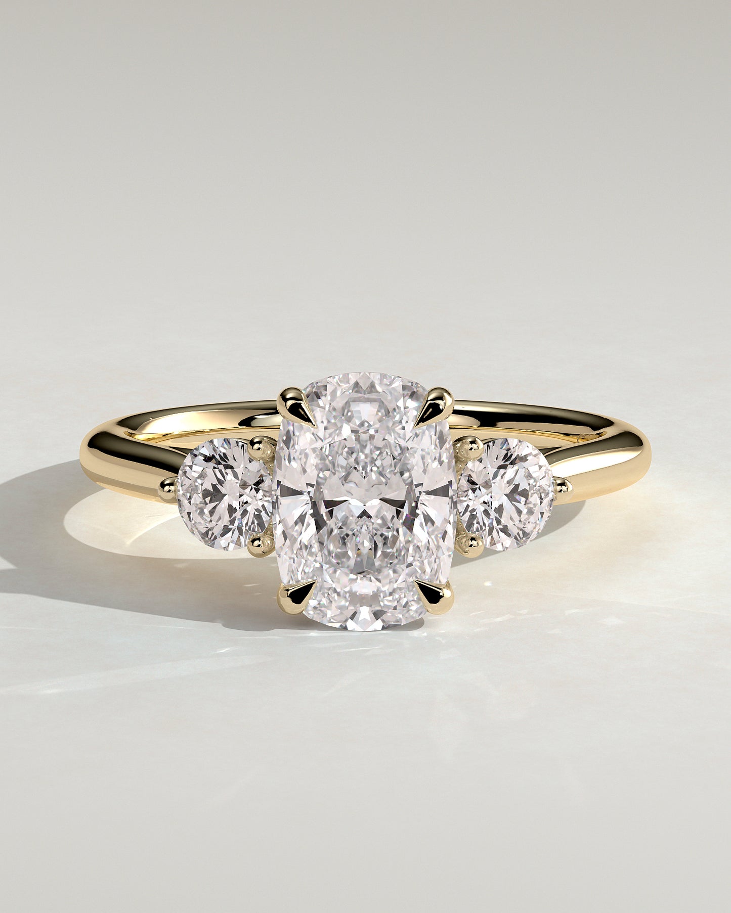Charmaine - Elongated Cushion Claw Trilogy with Round Side Stones and Lily Detail Engagement Ring - Yellow Gold - Yellow Gold 2ct
