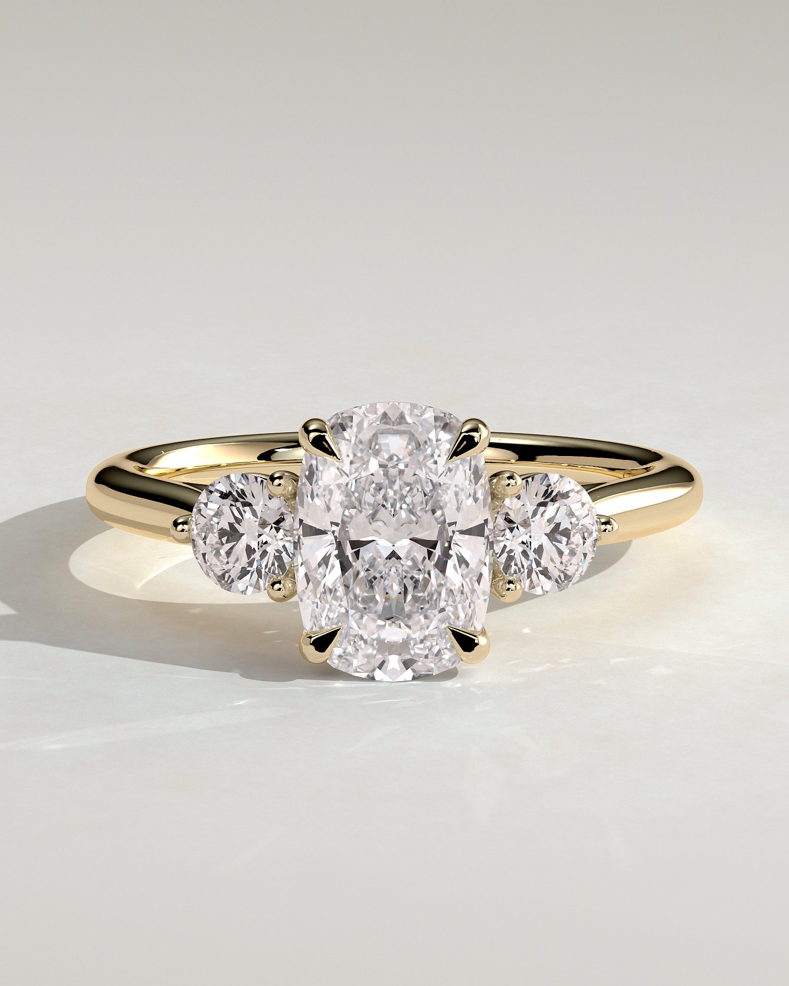 Charmaine - Elongated Cushion Claw Trilogy with Round Side Stones and Lily Detail Engagement Ring - Yellow Gold - Yellow Gold 2ct