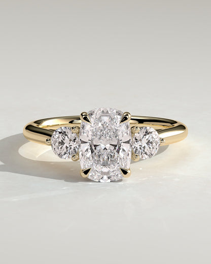 Charmaine - Elongated Cushion Claw Trilogy with Round Side Stones and Lily Detail Engagement Ring - Yellow Gold