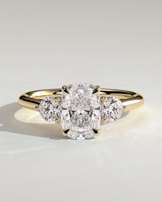 Charmaine - Elongated Cushion Claw Trilogy with Round Side Stones and Lily Detail Engagement Ring - Yellow Gold - Yellow Gold 2ct