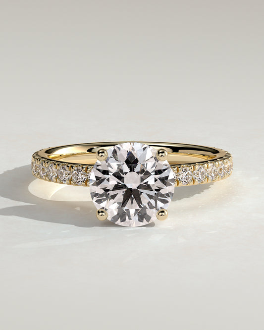 Charlie - Round Claw Solitaire with Hidden Halo and Pave Band Engagement Ring - Yellow Gold - Yellow Gold 2ct