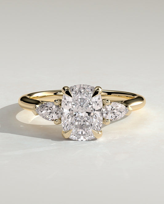 Cataleya - Elongated Cushion Claw Trilogy with Pear Side Stones and Cathedral Setting Engagement Ring - Yellow Gold - Yellow Gold 2ct