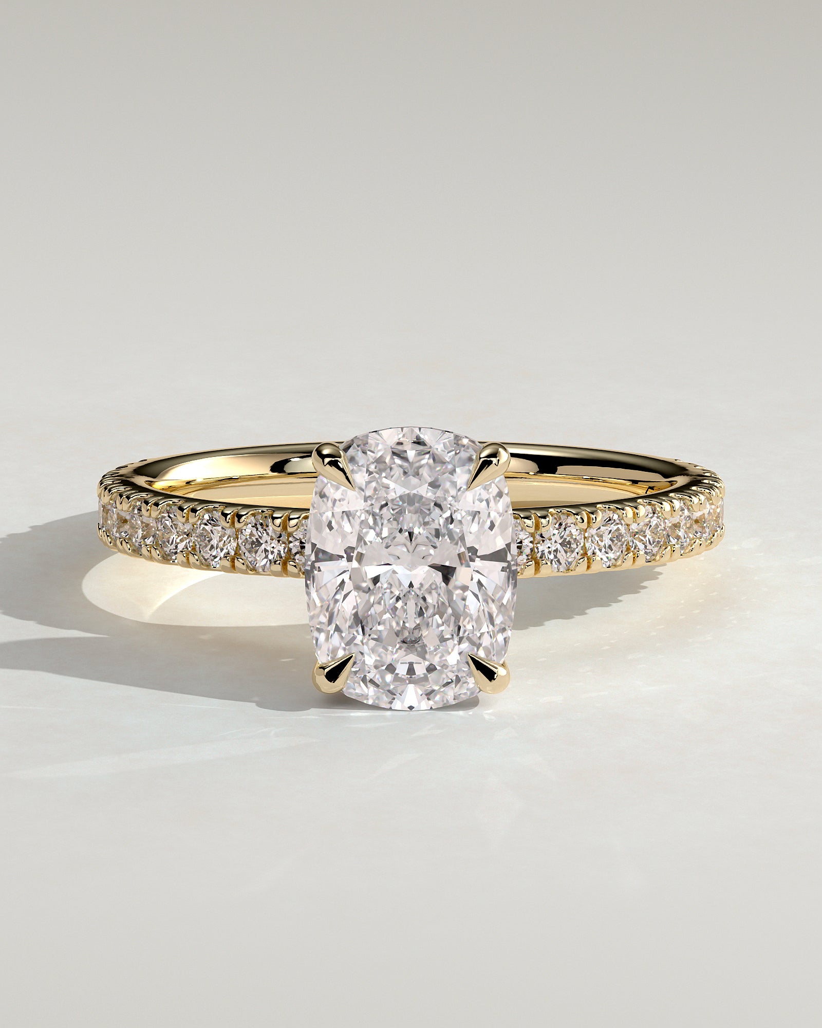 Camilla - Elongated Cushion Claw Solitaire with Hidden Halo and Pave Band Engagement Ring - Yellow Gold - Yellow Gold 2ct