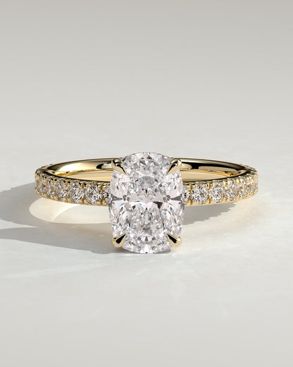 Camilla - Elongated Cushion Claw Solitaire with Hidden Halo and Pave Band Engagement Ring - Yellow Gold