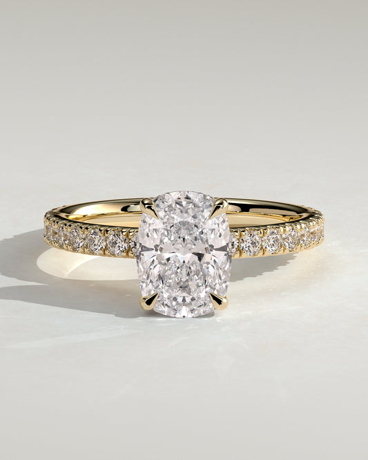 Camilla - Elongated Cushion Claw Solitaire with Hidden Halo and Pave Band Engagement Ring - Yellow Gold - Yellow Gold 2ct