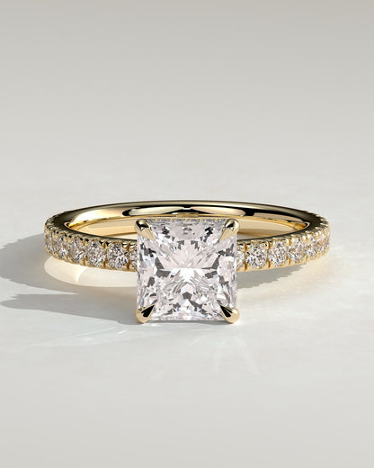 Brooklyn - Princess Claw Solitaire with Wrap Around Hidden Halo and Pave Band Engagement Ring - Yellow Gold