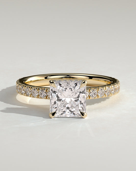 Brooklyn - Princess Claw Solitaire with Wrap Around Hidden Halo and Pave Band Engagement Ring - Yellow Gold - Yellow Gold 2ct