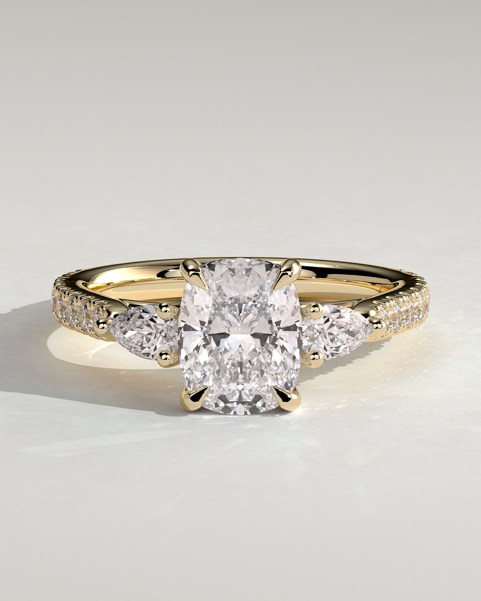 Bree - Elongated Cushion Claw Trilogy with Pear Side Stones and Pave Band Engagement Ring - Yellow Gold - Yellow Gold 2ct