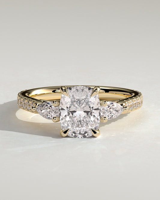 Bree - Elongated Cushion Claw Trilogy with Pear Side Stones and Pave Band Engagement Ring - Yellow Gold - Yellow Gold 2ct