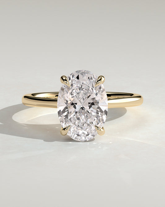 Bethany - Oval Claw Solitaire with Hidden Halo, Tapered Band and Cathedral High Setting Engagement Ring - Yellow Gold - Yellow Gold 2ct