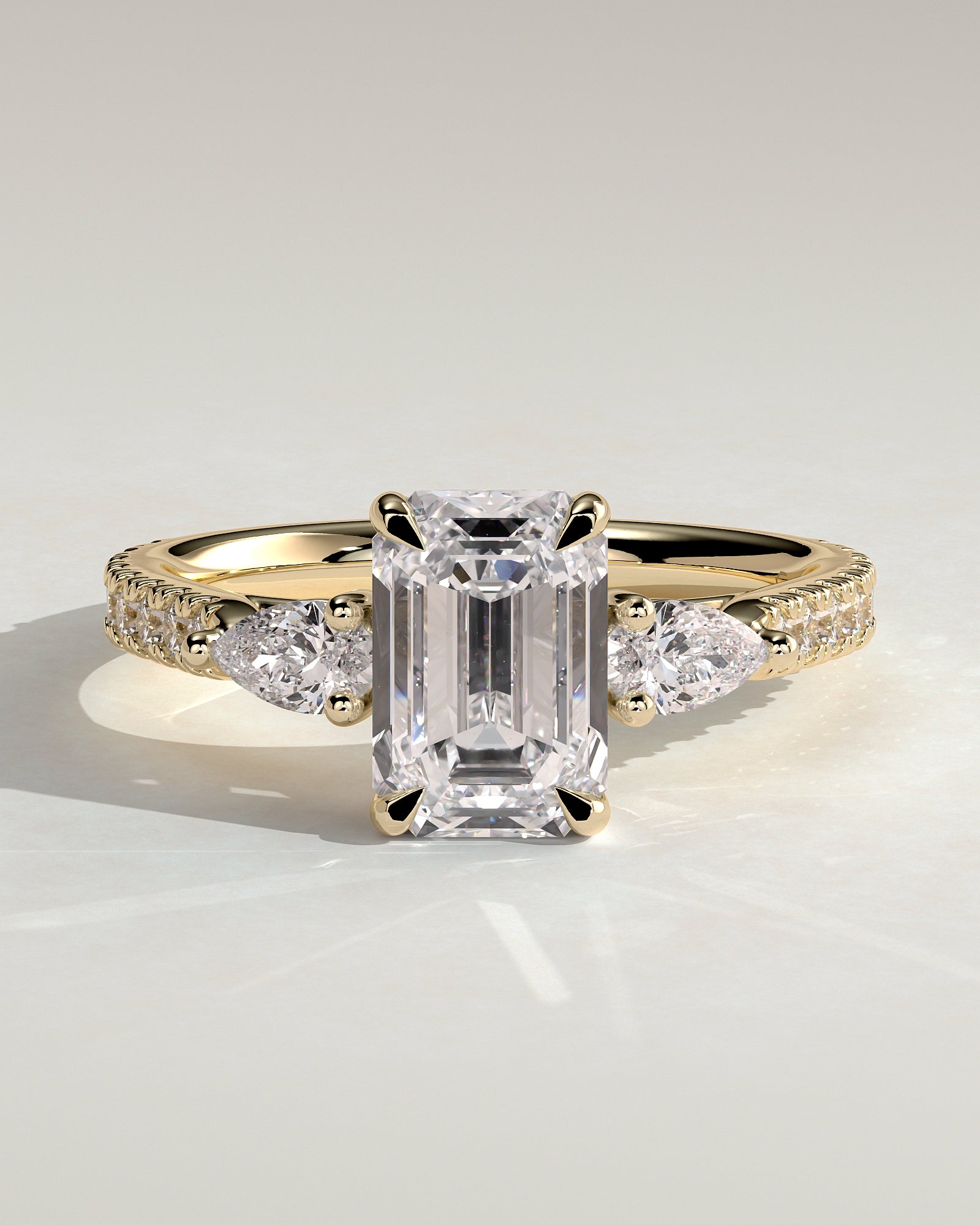 Autumn - Emerald Claw Trilogy with Pear Side Stones and Pave Band Engagement Ring - Yellow Gold - Yellow Gold 2ct