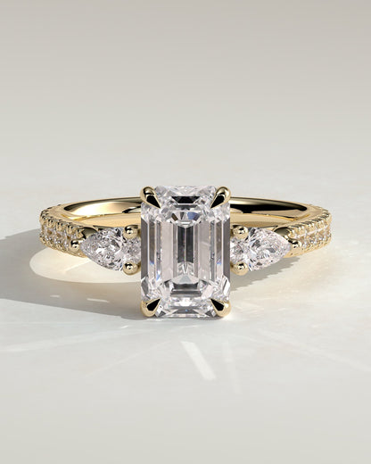 Autumn - Emerald Claw Trilogy with Pear Side Stones and Pave Band Engagement Ring - Yellow Gold