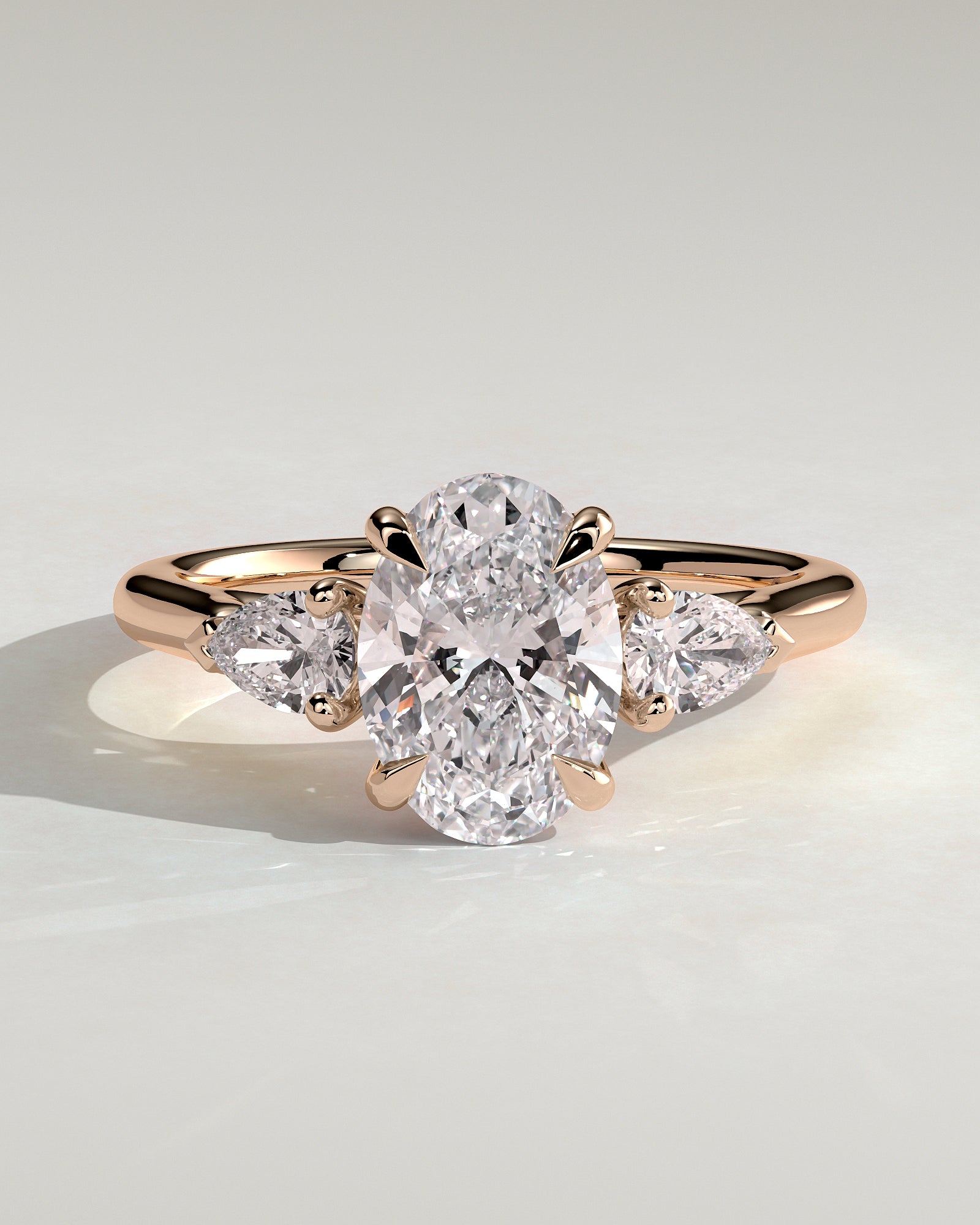 Alexia - Oval Claw Trilogy with Pear Side Stones and Cathedral Setting Engagement Ring - Rose Gold - Rose Gold 2ct