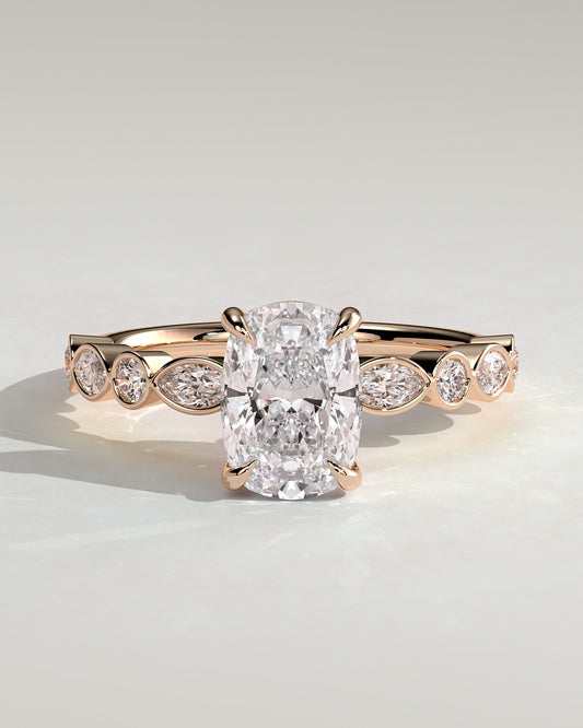 Carrie - Elongated Cushion Claw Solitaire with Round-Marquise Bezel Accent Stones Engagement Ring - Rose Gold