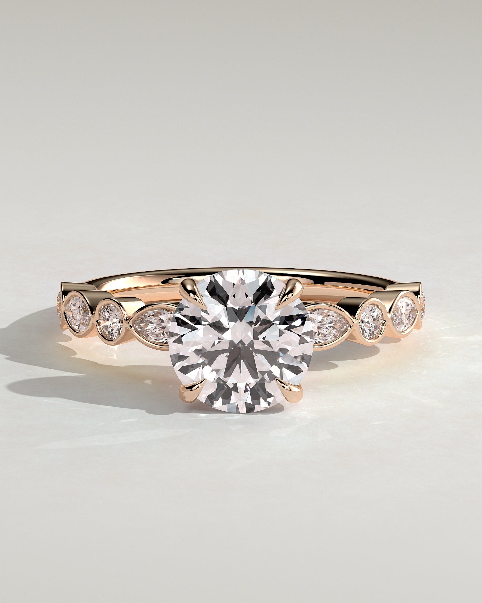 Cartia - Round Claw Solitaire with Round-Marquise Bezel Accent Stones Engagement Ring - Rose Gold - Rose Gold 2ct