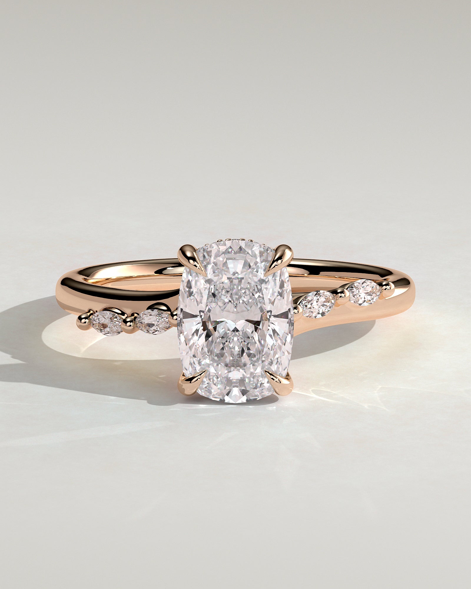 Elle - Elongated Cushion Claw Solitaire with Hidden Halo, Opposing Marquise Accents and Cathedral High Setting Engagement Ring - Rose Gold - Rose Gold 2ct