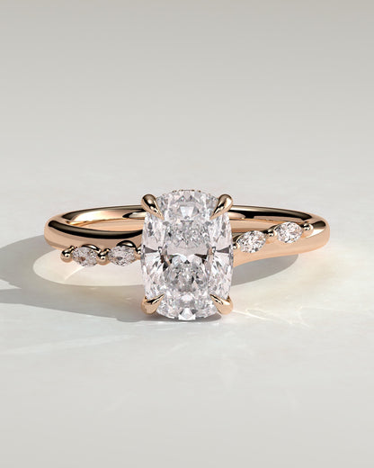 Elle - Elongated Cushion Claw Solitaire with Hidden Halo, Opposing Marquise Accents and Cathedral High Setting Engagement Ring - Rose Gold