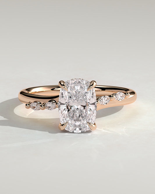 Elle - Elongated Cushion Claw Solitaire with Hidden Halo, Opposing Marquise Accents and Cathedral High Setting Engagement Ring - Rose Gold