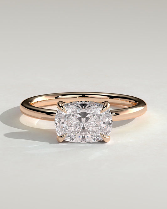 Frida - Elongated Cushion East West Claw Solitaire with Hidden Halo Engagement Ring - Rose Gold
