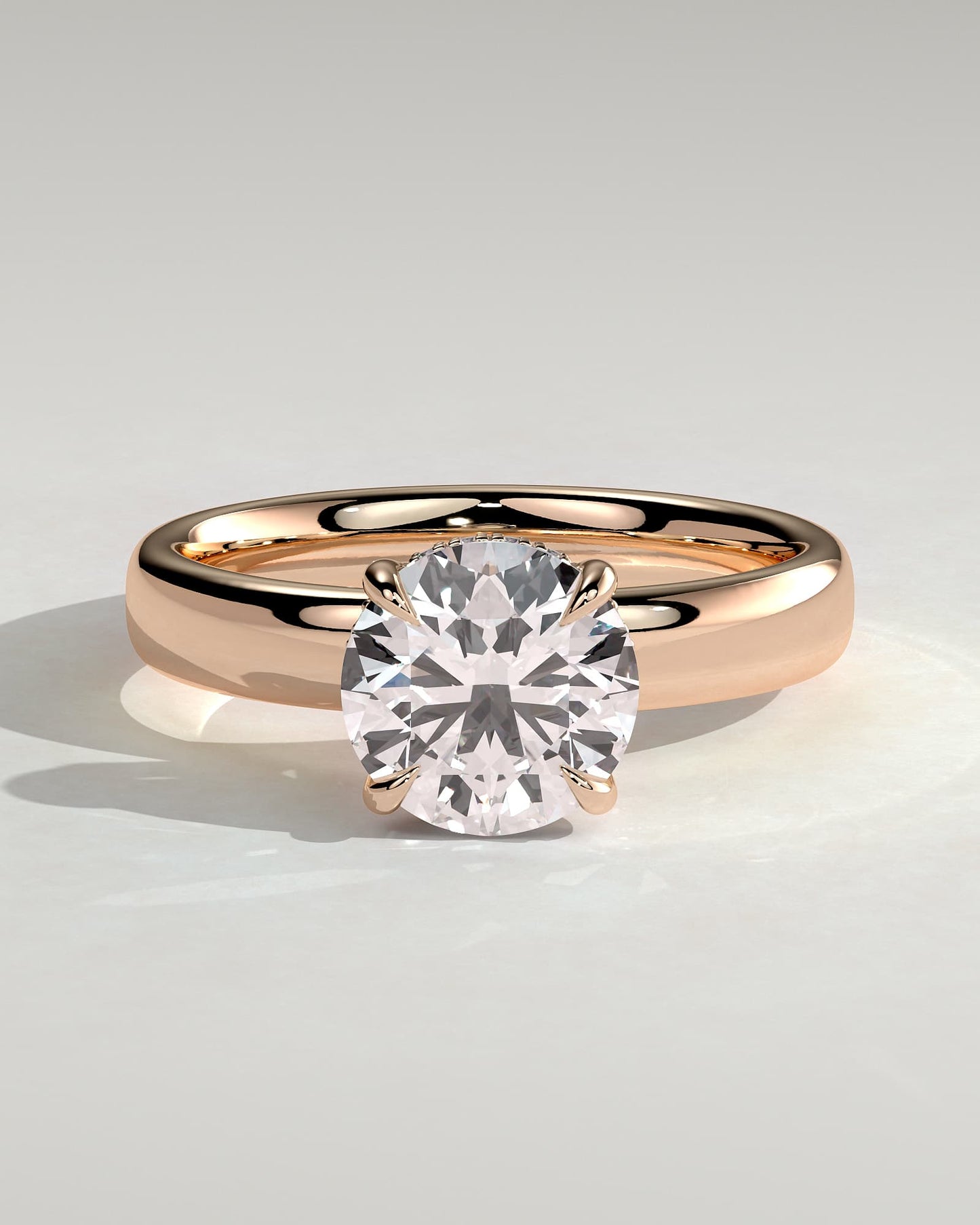 Kylie - Statement Round Claw Solitaire with Cigar Band and Hidden Halo Engagement Ring - Rose Gold