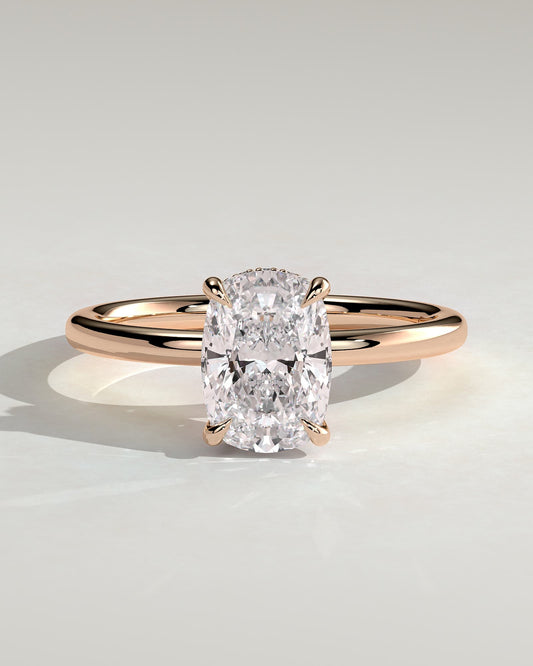 Melanie - Elongated Cushion Claw Solitaire with Wrap Around Hidden Halo Engagement Ring - Rose Gold