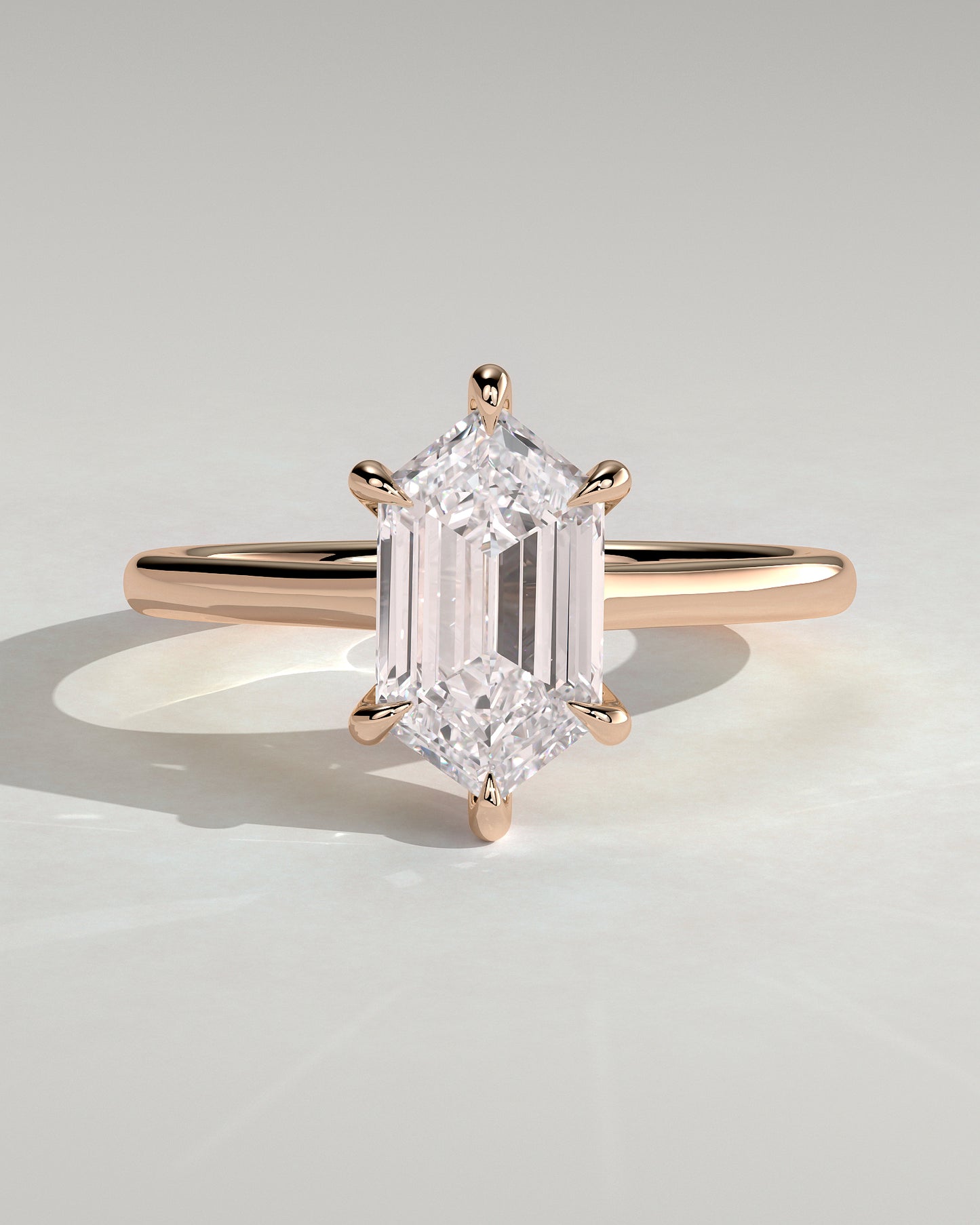 Anastasia - Elongated Hexagon Claw Solitaire with Hidden Halo and Cathedral High Setting Engagement Ring - Rose Gold - Rose Gold 2ct