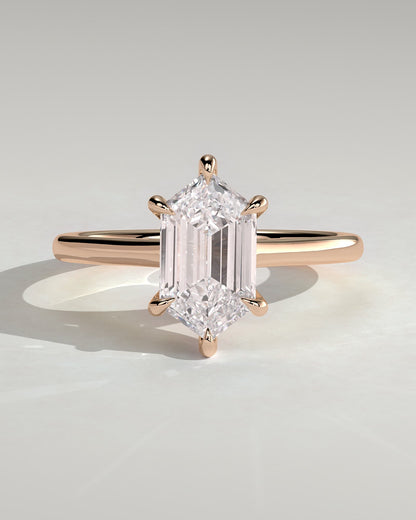 Anastasia - Elongated Hexagon Claw Solitaire with Hidden Halo and Cathedral High Setting Engagement Ring - Rose Gold