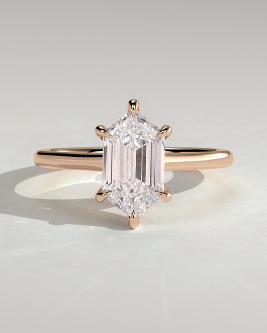 Anastasia - Elongated Hexagon Claw Solitaire with Hidden Halo and Cathedral High Setting Engagement Ring - Rose Gold