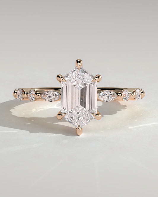 Agnes - Elongated Hexagon Claw Solitaire with Marquise and Round Accent Stones Engagement Ring - Rose Gold - rose gold - Lara Jewels