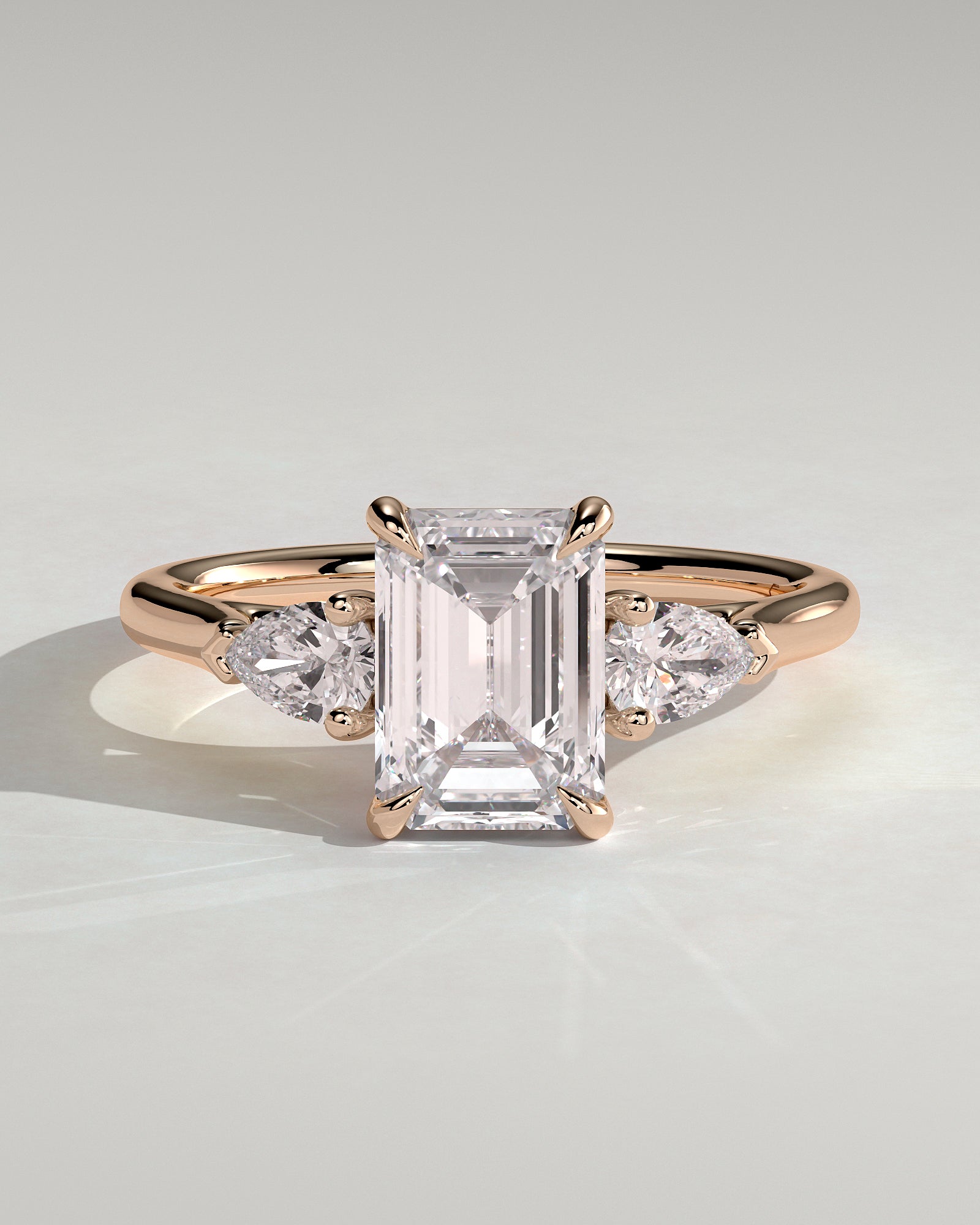 Davina - Emerald Claw Trilogy with Pear Side Stones and Cathedral Setting Engagement Ring - Rose Gold - Rose Gold 2ct