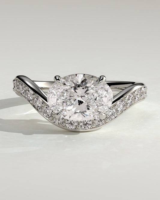 Shelly - Oval Claw Solitaire with Bead Set Pave Wave Band and East West Setting Engagement Ring - Platinum