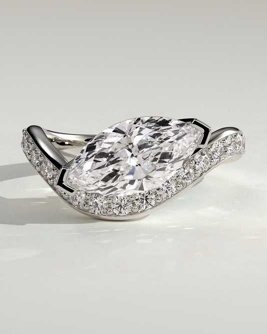 Lynn - Marquise Claw Solitaire with Bead Set Pave Wave Band and East West Setting Engagement Ring - Platinum