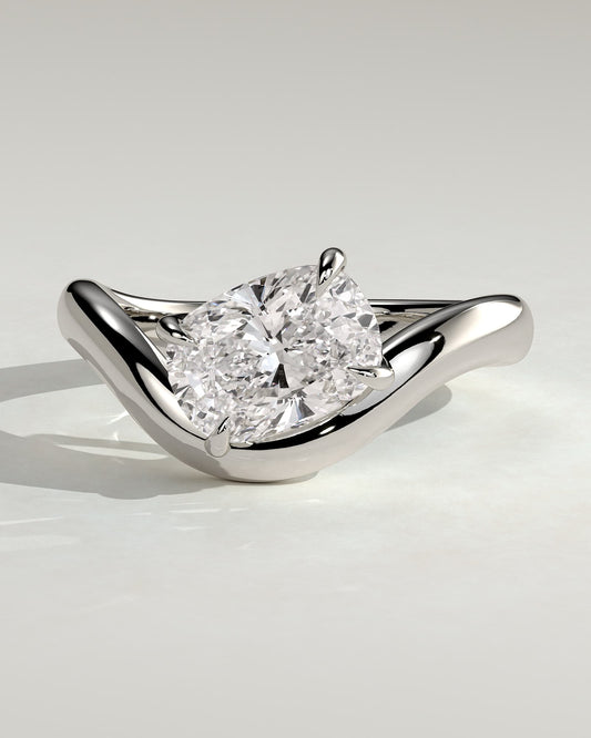 Taryn - Elongated Cushion East West Claw Solitaire with Wave Band Engagement Ring - White Gold