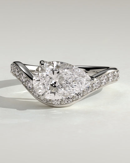 Eliza - Pear Claw Solitaire with Bead Set Pave Wave Band and East West Setting Engagement Ring - Platinum