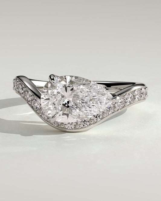 Eliza - Pear Claw Solitaire with Bead Set Pave Wave Band and East West Setting Engagement Ring - White Gold