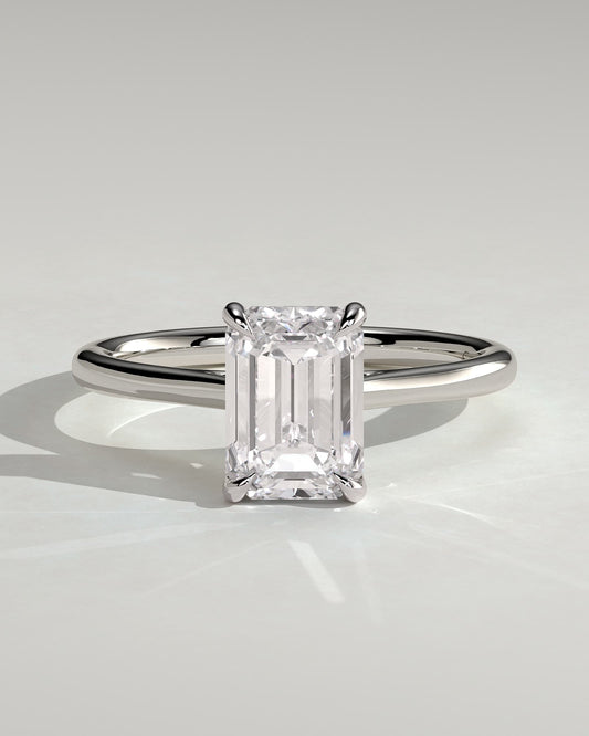 Angela - Radiant Claw Solitaire with Hidden Halo, Tapered Band and Cathedral High Setting Engagement Ring - Platinum
