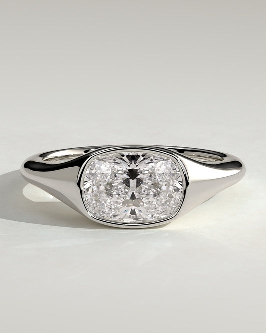 Lennon - Elongated Cushion East West Bezel Solitaire with Signet Band Engagement Ring - Platinum