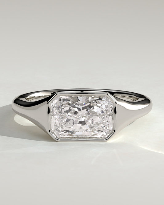 Mackenzie - Radiant East West Bezel Solitaire with Signet Band Engagement Ring - Platinum