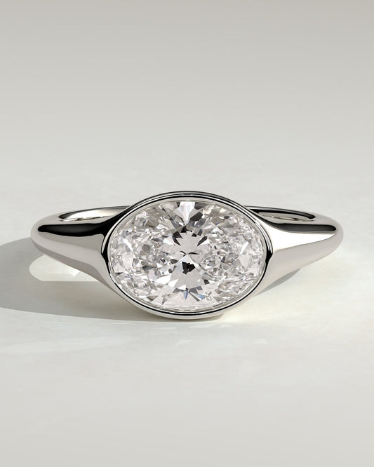 Sophie - Oval East West Bezel Solitaire with Signet Band Engagement Ring - White Gold