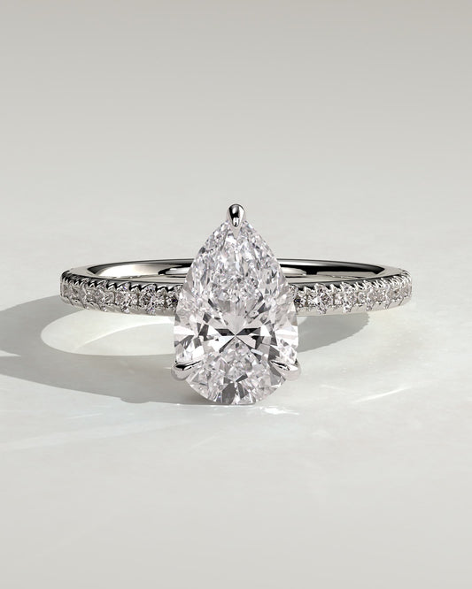 Pamela - Pear Claw Solitaire with Hidden Halo and Pave Band Engagement Ring - Platinum