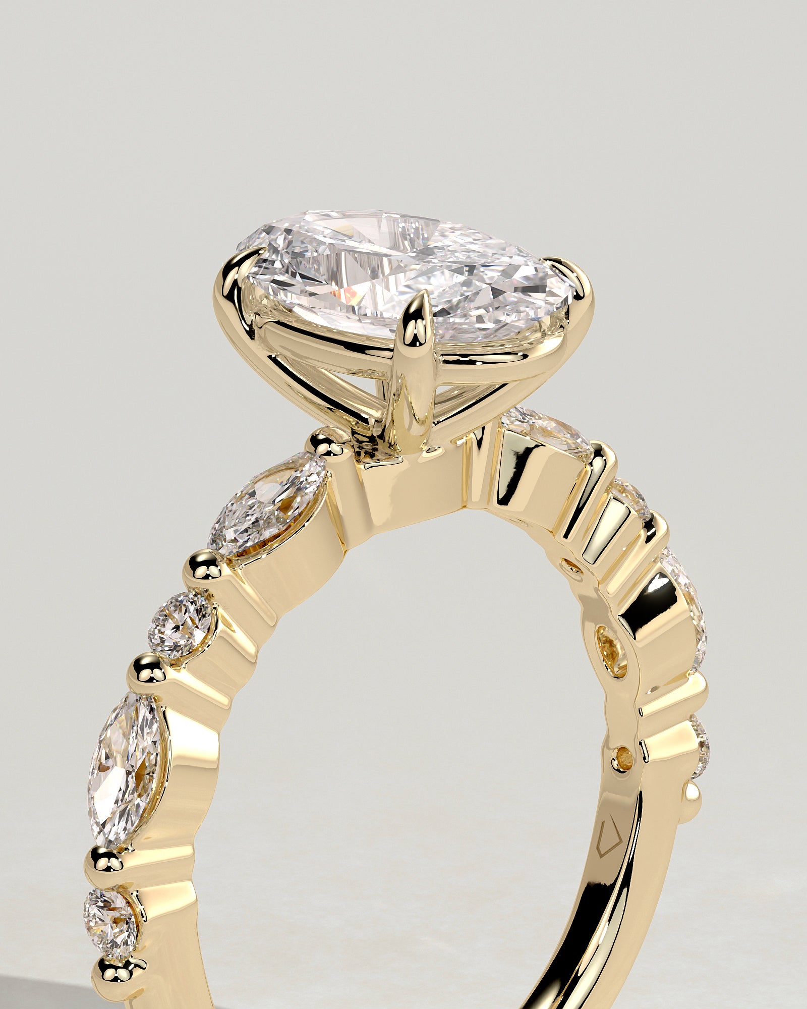 Alyssa - Oval Claw Solitaire with Marquise and Round Accent Stones Engagement Ring - Yellow Gold - Yellow Gold 2ct