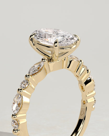 Alyssa - Oval Claw Solitaire with Marquise and Round Accent Stones Engagement Ring - Yellow Gold - yellow gold - Lara Jewels