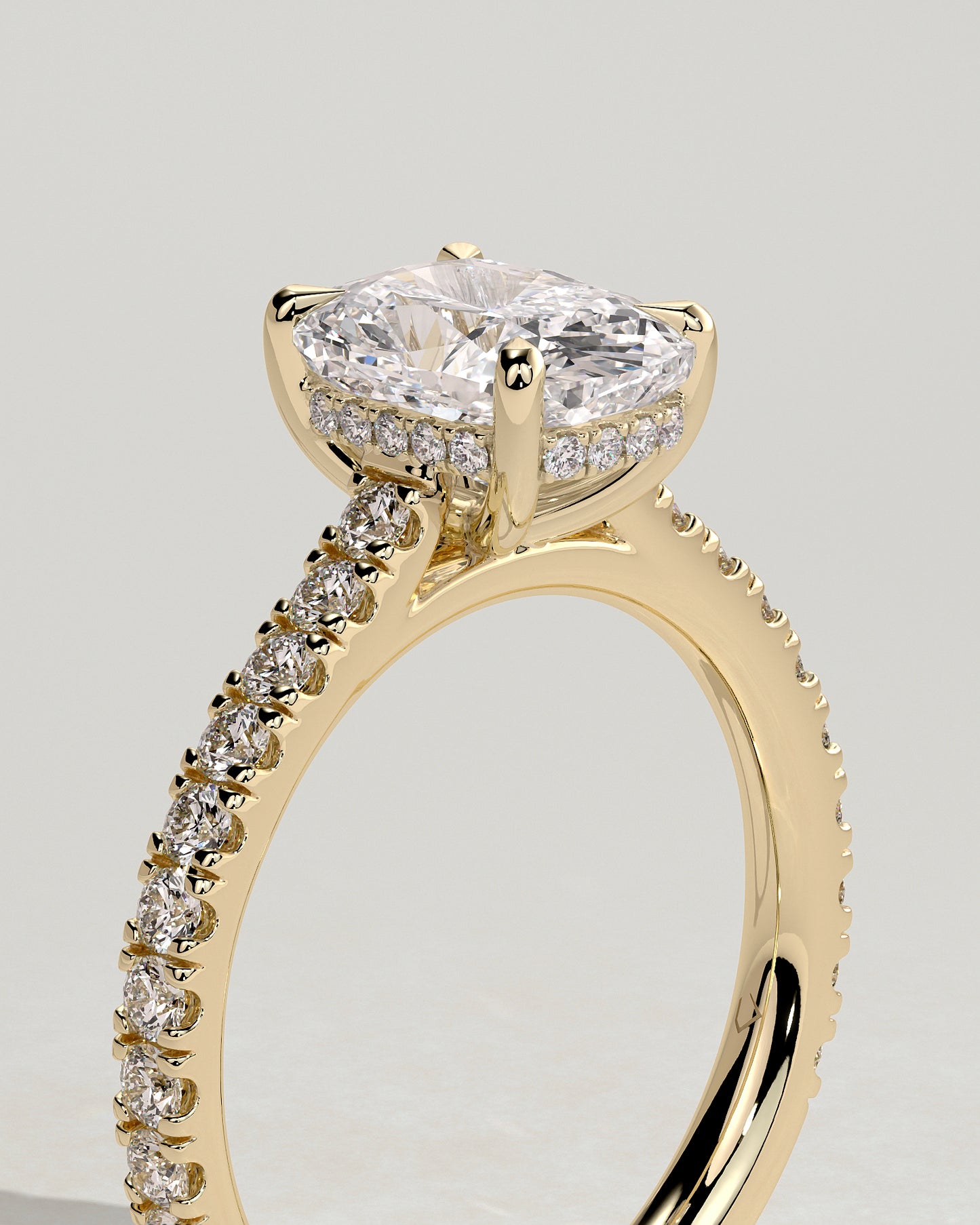 Annika - Elongated Cushion Claw Solitaire with Hidden Halo, Pave Band and Cathedral High Setting Engagement Ring - Yellow Gold - Yellow Gold 2ct