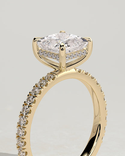 Annie - Princess Claw Solitaire with Hidden Halo and Pave Band Engagement Ring - Yellow Gold