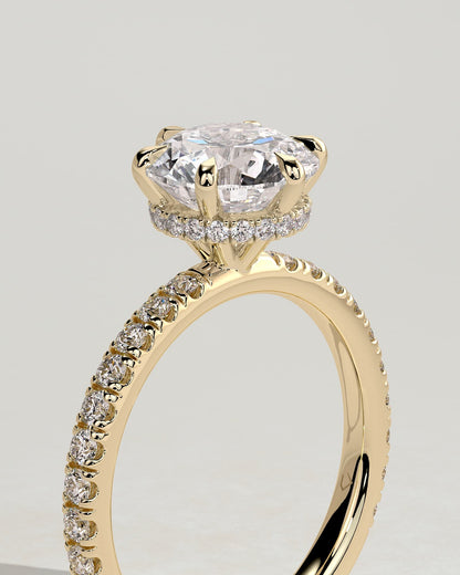 Amanda - Round Claw Solitaire with Wrap Around Hidden Halo and Pave Band Engagement Ring - Yellow Gold - yellow gold - Lara Jewels