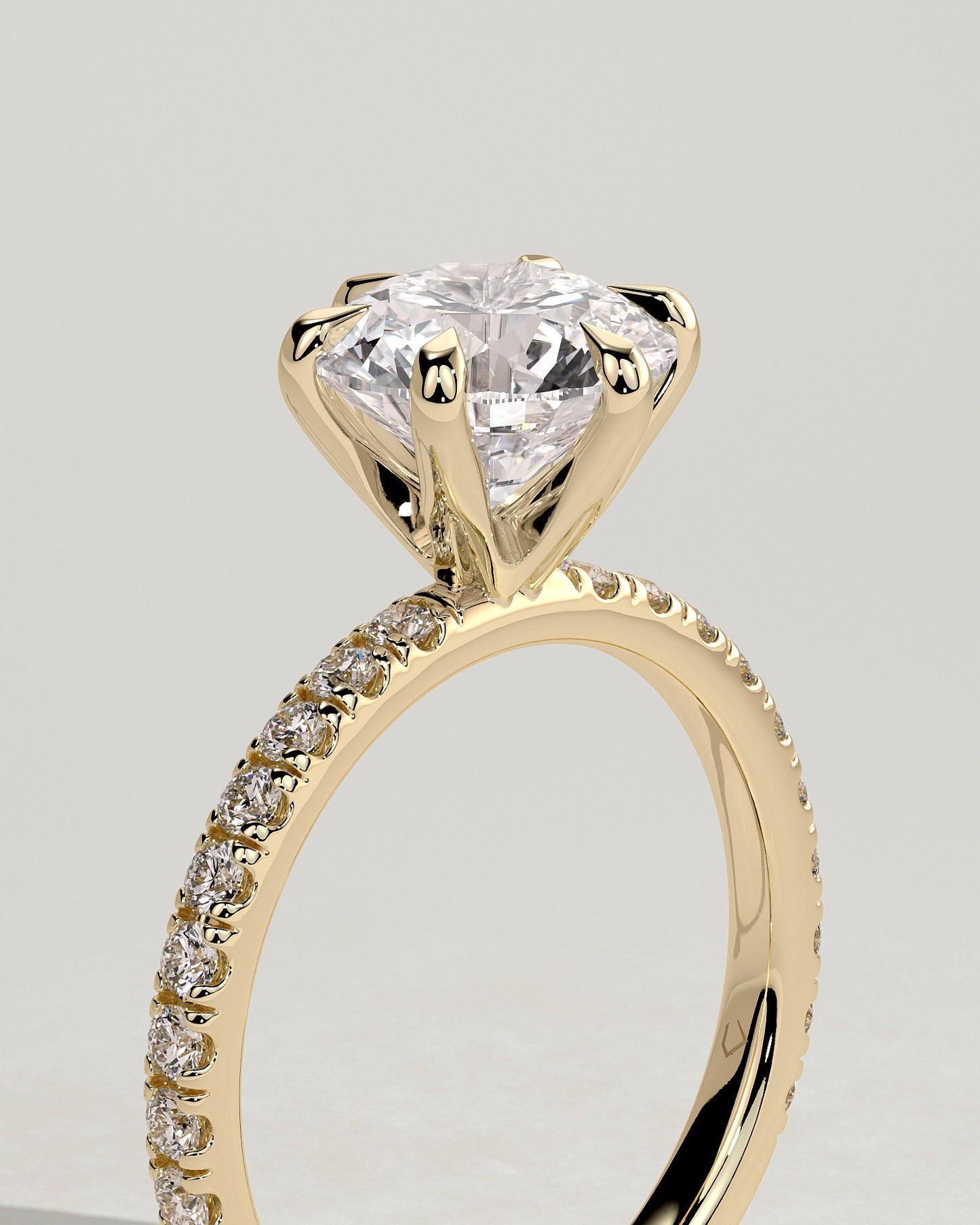 Alexandria - Round Claw Solitaire with Pave Band Engagement Ring - Yellow Gold - Yellow Gold 2ct