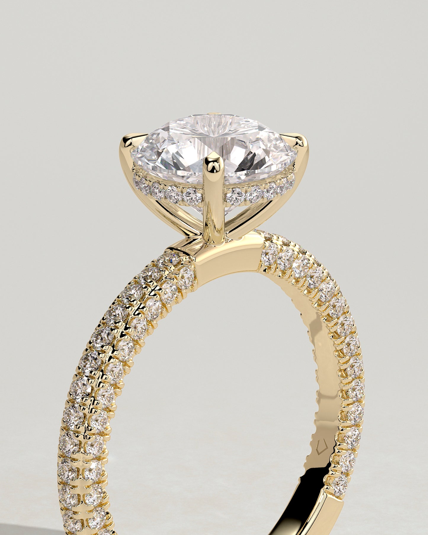 Alex - Round Claw Solitaire with Hidden Halo and Triple Pave Band Engagement Ring - Yellow Gold - Yellow Gold 2ct